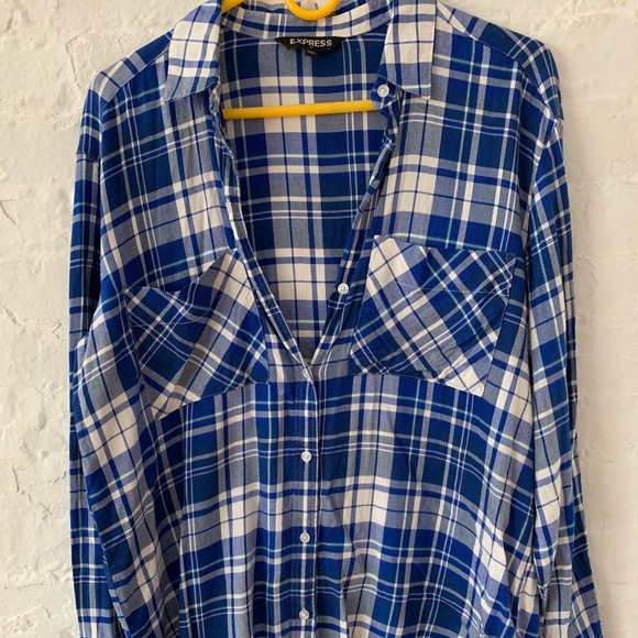 Express Blue & White Button Down Flannel - Picture 1 of 4